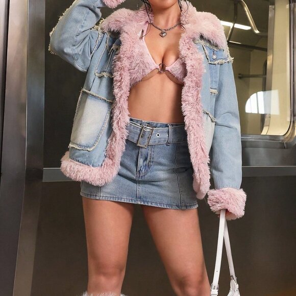 Blue Casual Women's faux fur Pocket detaile Long Sleeve Denim Jacket - Picture 6 of 8